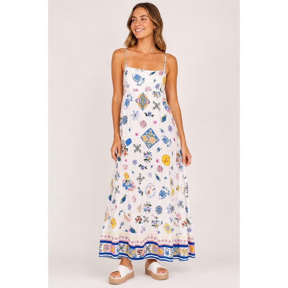 Label of Love White Floral Tile Print Linen Blend Maxi Dress Small Smocked Back